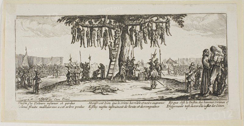 The Hanging, plate eleven from The Large Miseries of War, n.d., Gerrit Lucasz van Schagen (Dutch, born 1642), after Jacques Callot (French, 1592-1635), Netherlands, Etching on paper, 73 x 180 mm (image), 84 x 182 mm (plate), 99 x 200 mm (sheet)