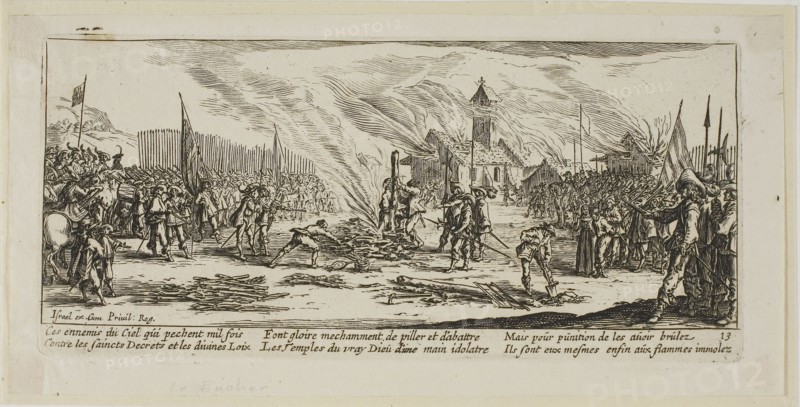 The Stake, plate thirteen from The Large Miseries of War, n.d., Gerrit Lucasz van Schagen (Dutch, born 1642), after Jacques Callot (French, 1592-1635), Netherlands, Etching on paper, 74 x 180 mm (image), 84 x 183 mm (plate), 99 x 202 mm (sheet)
