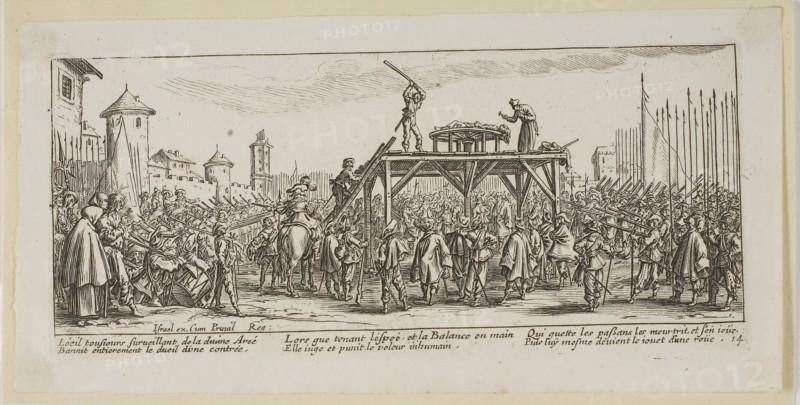 The Wheel, plate fourteen from The Large Miseries of War, n.d., Gerrit Lucasz van Schagen (Dutch, born 1642), after Jacques Callot (French, 1592-1635), Netherlands, Etching on paper, 73 x 182 mm (image), 82 x 184 mm (plate), 101 x 202 mm (sheet)