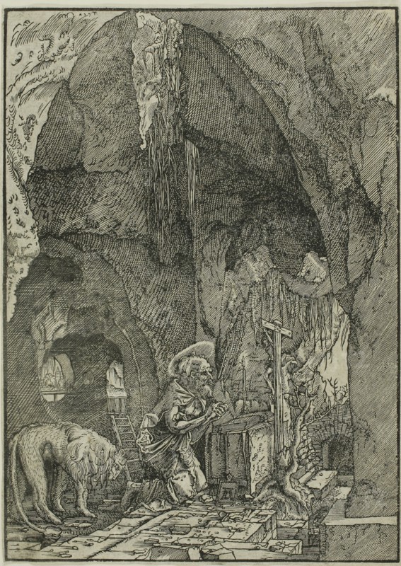 Saint Jerome in Penitence, in a Cave, 1500/38, Albrecht Altdorfer, German, c.1480-1538, Germany, Wood engraving in black on cream laid paper, 168 x 120 mm (image/block/sheet)