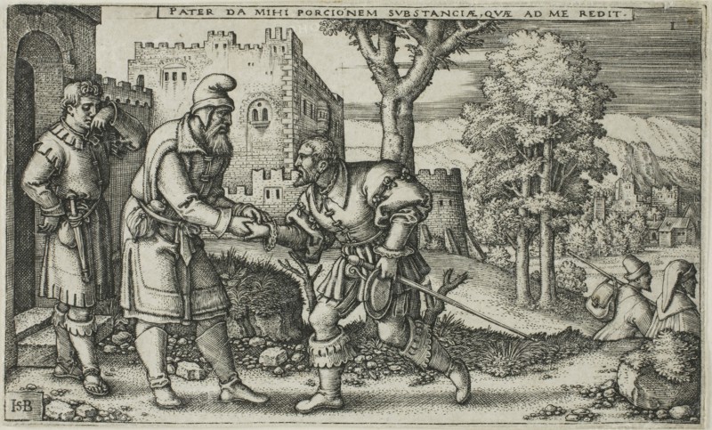The Departure of the Prodigal Son, plate one from The History of the Prodigal Son, n.d., Sebald Beham, German, 1500-1550, Germany, Engraving in black on ivory laid paper, 58 x 97 (image/plate), 59 x 98 mm (sheet)