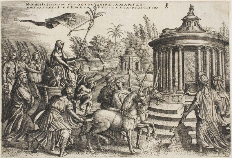 The Triumph of Chastity, plate two from The Triumphs of Petrarch, c. 1539, Georg Pencz, German, c. 1500-1550, Germany, Engraving in black on ivory laid paper, 142 x 210 mm (image/plate/sheet)