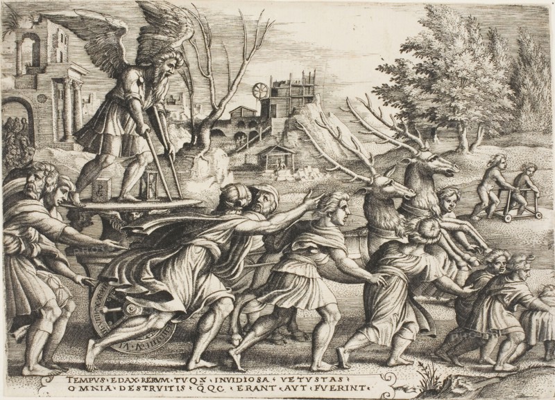 The Triumph of Time, plate four from The Triumphs of Petrarch, c. 1539, Georg Pencz, German, c. 1500-1550, Germany, Engraving in black on ivory laid paper, 151 x 210 mm (image/plate/sheet)