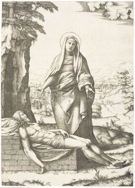 The Pietà, c. 1512, Marcantonio Raimondi  (Italian, c. 1480-1534), after Raffaello Sanzio, called Raphael (Italian, 1483-1520), Italy, Engraving in black on paper, 308 x 219 mm