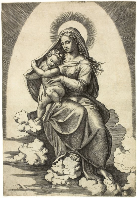 Virgin and Child Seated on Clouds, 1515/16, Marcantonio Raimondi (Italian, c. 1480-1534), after Raffaello Sanzio, called Raphael (Italian, 1483-1520), Italy, Engraving printed in black on cream laid paper, 246 x 167 mm (plate/sheet)