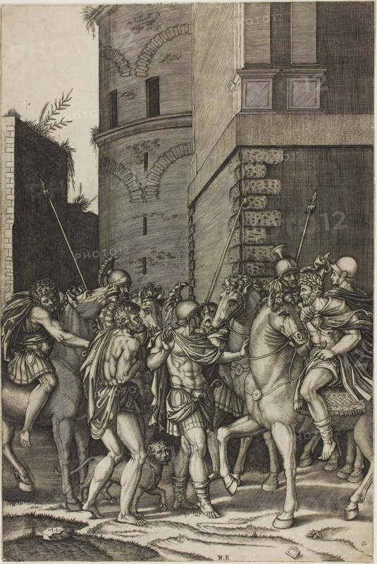 Emperor Freeing the Slave Androcles, 1516/17, Agostino dei Musi, Italian, c. 1490-after 1536, Italy, Engraving in black on ivory laid paper, 402 x 270 mm (image/plate), 404 x 268 mm (sheet)