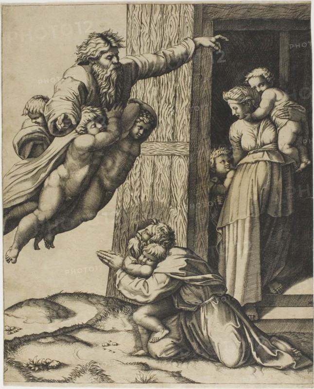 God Commanding Noah to Build the Ark, 1520, Marco Dente da Ravenna (Italian, about 1486–1527), after Raffaello Sanzio, called Raphael (Italian, 1483-1520), Italy, Engraving in black on tan laid paper, 300 x 245 mm
