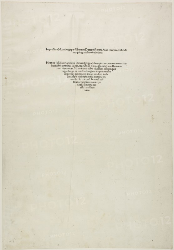 Colophon, from the Large Passion, 1511, Albrecht Dürer, German, 1471-1528, Germany, Letterpress in black on ivory laid paper, 452 × 310 mm