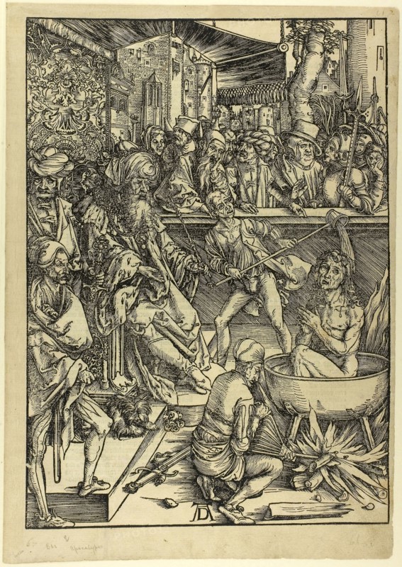 The Martyrdom of St. John, from The Apocalypse, c. 1496–98, published 1511, Albrecht Dürer, German, 1471-1528, Germany, Woodcut in black on tan laid paper, 395 x 280 mm (image), 431 x 305 mm (sheet)