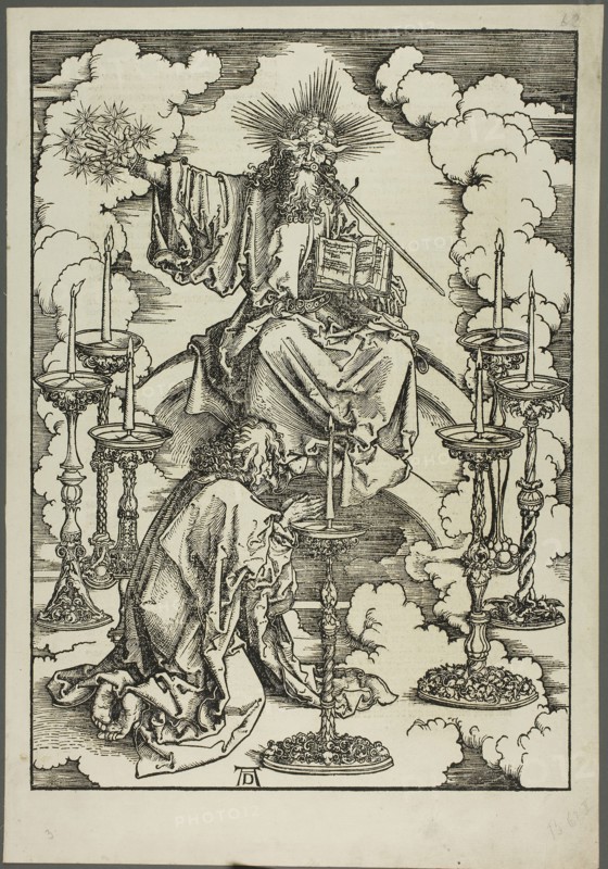 The Vision of the Seven Candlesticks, from The Apocalypse, c. 1496–98, published 1511, Albrecht Dürer, German, 1471-1528, Germany, Woodcut in black on tan laid paper, 395 × 283 mm (image), 445 × 309 mm (sheet)