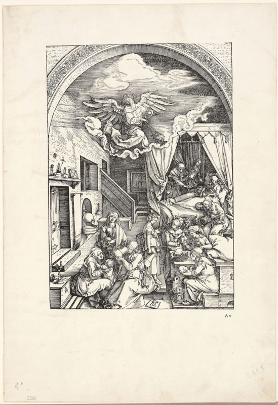The Birth of the Virgin, from The Life of the Virgin, c. 1503–04, published 1511, Albrecht Dürer, German, 1471-1528, Germany, Woodcut in black on ivory laid paper, 299 x 208 mm (image), 449 x 308 mm (sheet)