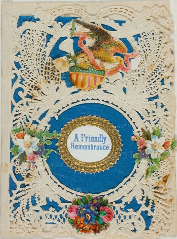 A Friendly Remembrance (valentine), n.d., Unknown Artist, American or English, 19th century, United States, Collaged elements on cut and embossed ivory wove paper (folded), with blue wove paper insert, 94 x 72 mm (folded sheet)
