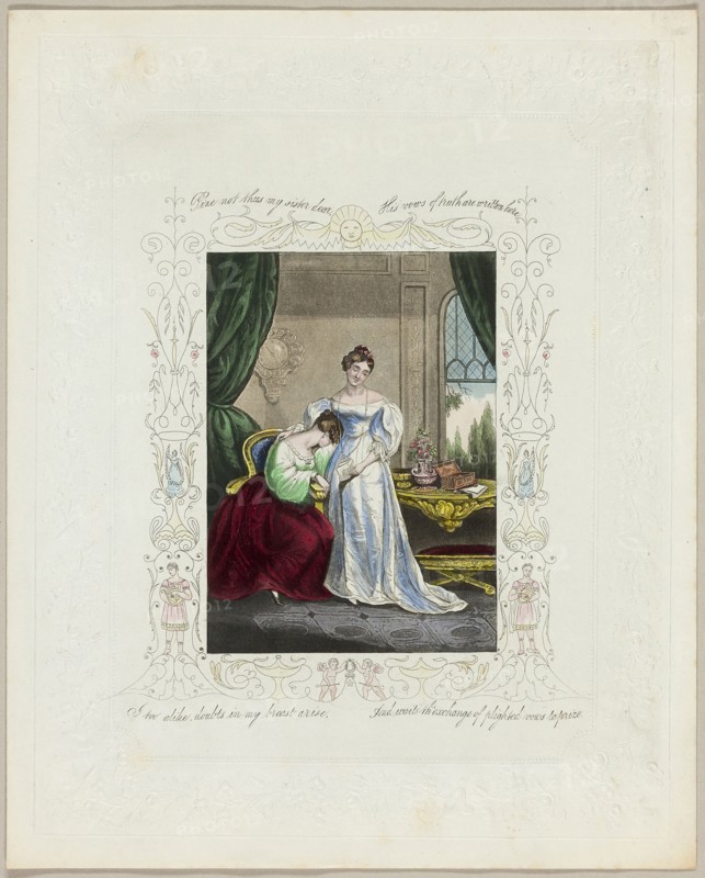 Pine Not Thus My Sister Dear (valentine), c. 1840, Unknown Artist, English, 19th century, England, Lithograph with hand-coloring on embossed off-white wove paper, 255 × 206 mm (folded sheet)