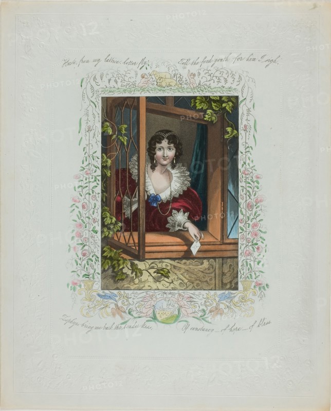 Haste From My Lattice, Letter Fly! (valentine), c. 1850, Unknown Artist, English, 19th century, England, Lithograph with hand-coloring on embossed off-white wove paper, 254 × 206 mm (folded sheet)
