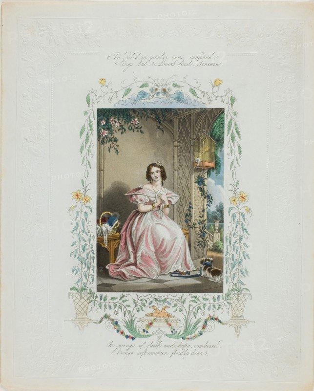 The Bird in Yonder Cage Confined (valentine), c. 1850, Unknown Artist, English, 19th century, England, Lithograph with hand-coloring on embossed off-white wove paper, 256 × 207 mm (folded sheet)