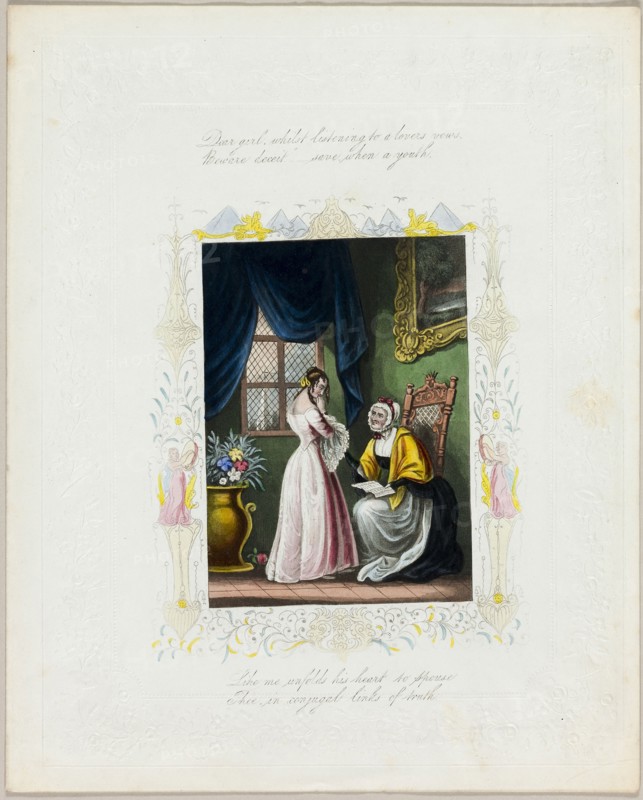 Dear Girl, Whilst Listening to a Lover’s Vows (valentine), c. 1840, Unknown Artist, English, 19th century, England, Lithograph with hand-coloring on embossed off-white wove paper, 256 × 207 mm (folded sheet)