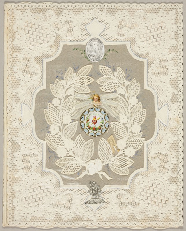 Love (Valentine), c. 1850, Unknown Artist, English, 19th century, England, Collaged elements with watercolor on cut and embossed ivory laid paper (lace, folded), with pink wove paper insert, 252 × 203 mm (folded sheet)