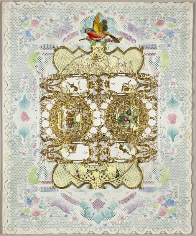 Untitled Valentine (Urn with Bird and Flowers in Wreaths of Gold Flowers), c. 1850, Unknown Artist, English, 19th century, England, Watercolor and gold paint with collaged elements on cut and embossed ivory wove paper (lace, folded) with blue wove paper insert, 247 × 203 mm (folded sheet)