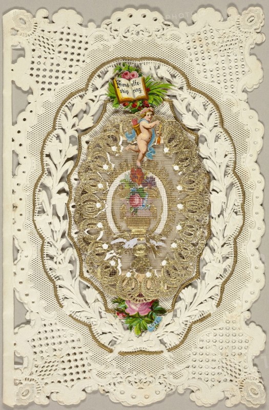 Friendship Offering (valentine), c. 1850, Unknown Artist, American or English, 19th century, United States, Collaged elements on cut and embossed ivory wove paper (lace), 200 x 132 mm (folded sheet)