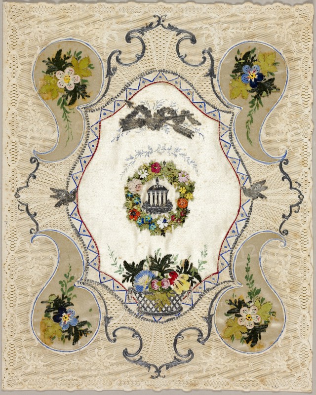 Untitled Valentine (Temple of Love in a Ring of Flowers), c. 1850, Unknown Artist, English, 19th century, England, Collaged elements with watercolor on cut and embossed cream wove paper (lace), 247 × 199 mm (folded sheet)