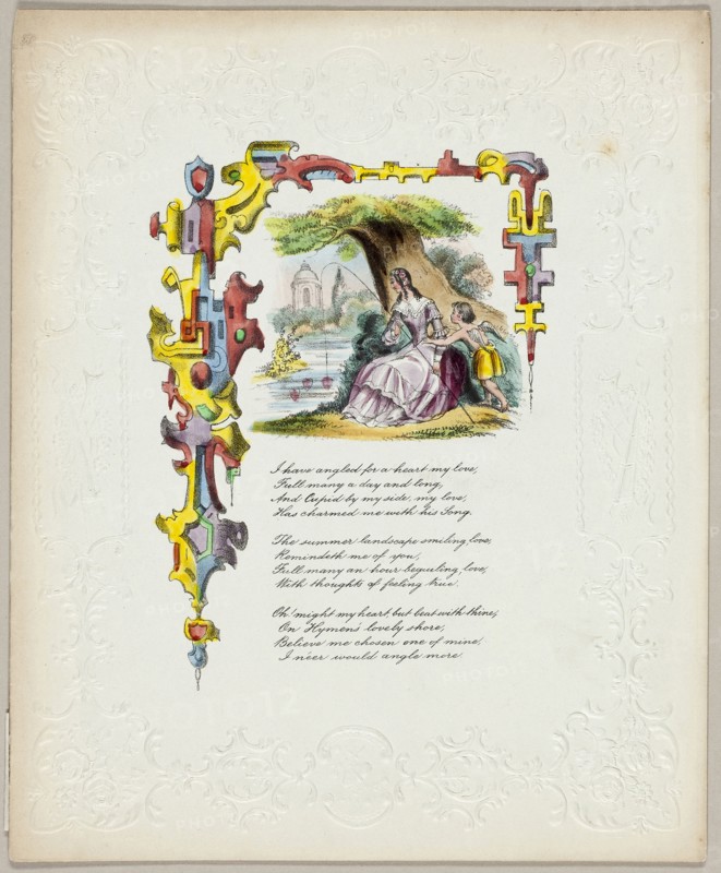 I Have Angled for a Heart My Love (valentine), c. 1840, George Kershaw, English, 19th century, England, Lithograph with hand-coloring on embossed ivory wove paper, 228 × 187 mm (folded sheet)