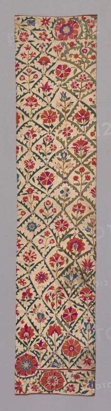 Suzani (large embroidered hanging or cover), 1825/75, Uzbekistan, Uzbekistan, Linen with design of leaf squares enclosing flower sprays., 232.7 x 51 cm (91 5/8 x 20 in.)