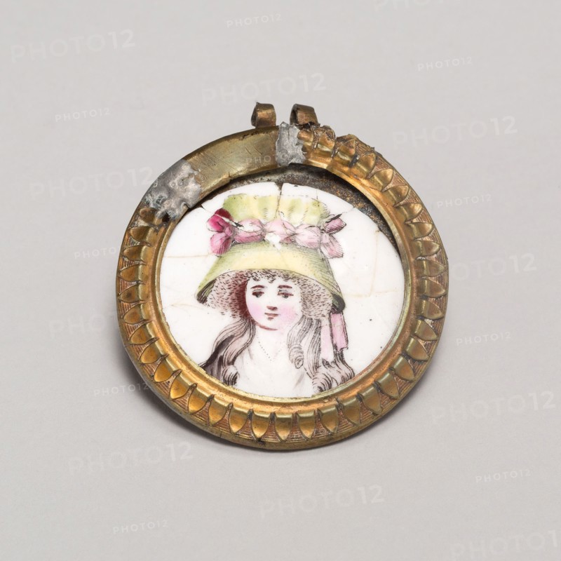 Cloak Pin (Knob or Tieback), 1810/30, England, Copper, transfer printed and polychrome enamel, gilt bronze, and iron, Diam. 4.8 cm (1 7/8 in.)