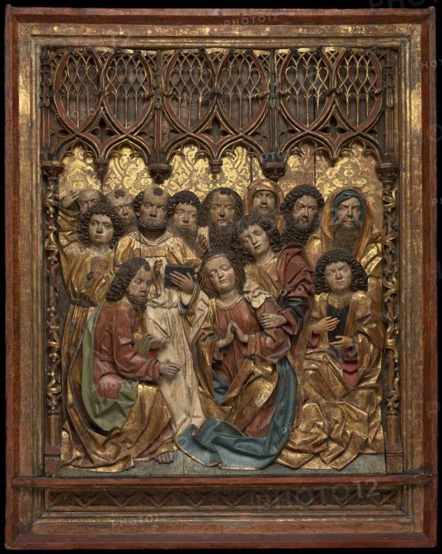 The Death of the Virgin, 1486/90, Hans Klocker, Austrian, active 1474-1502, Austria, Pine with polychromy and gilding, 164.5 × 130.8 × 11.4 cm (64 3/4 × 51 1/2 × 4 1/2 in.)
