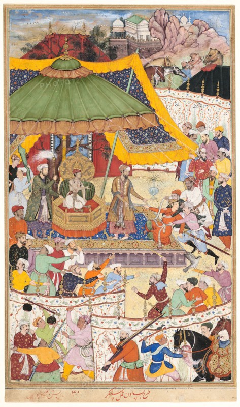 The Young Emperor Akbar Arrests the Insolent Shah Abu’l-Maali, page from a manuscript of the Akbarnama, Mughal period, c. 1590/95, India, Designed by Basawan, painted by Shankar, India, Opaque watercolor and gold on paper, Image: 32 × 19.3 cm (12 5/8 × 7 9/16 in.), Outermost border: 33 × 19.6 cm (13 × 7 11/16 in.), Page: 34.4 × 20 cm (13 1/2 × 7 7/8 in.)