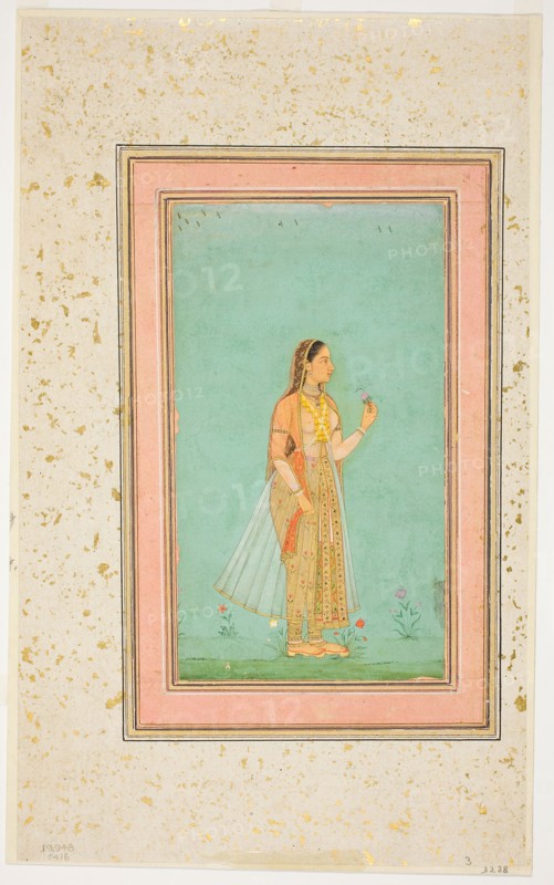 Beauty Holding a Flower, Mughal period, mid–17th century, India, India, Opaque watercolor, gold, and ink on paper, Image: 15.4 x 8.6 cm (6 1/6 x 3 3/8 in.), Outermost border: 19.1 x 12. 2 cm (7 1/2 x 4 13/16 in.), Paper: 27.6 x 17 cm ( 10 7/8 x 6 11/16 in.)