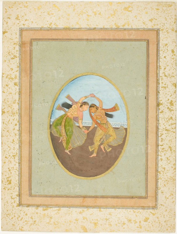 Two Girls Performing Kathak, 18th century, India, India, Opaque watercolor and gold on paper, Image: 14 x 10.7 cm (5 1/2 x 4 1/4 in.), Outermost border: 24.6 x 19.2 cm (9 3/4 x 7 1/2 in.), Paper: 31.6 x 24 cm (12 1/2 x 9 1/2)
