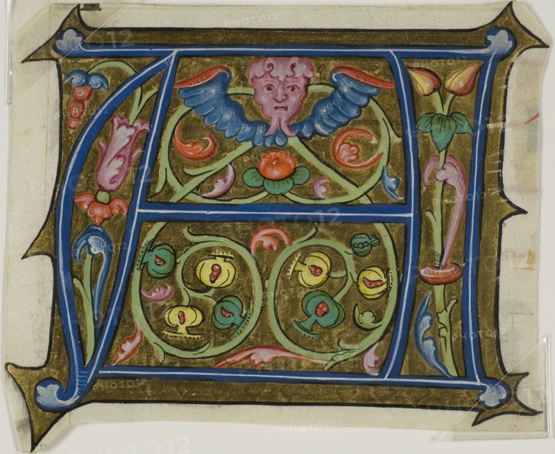 Decorated Initial A with Grotesque and Flora from a Choir Book, 15th century, French, France, Manuscript cutting in tempera and gold leaf on vellum, 94 × 113 mm