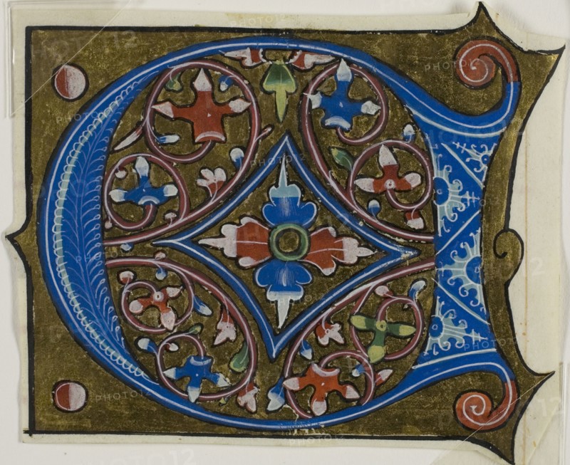 Decorated Initial D with Leaves and Two Balls from a Choir Book, 15th century, French, France, Manuscript cutting in tempera and gold leaf on vellum, 89 × 107 mm
