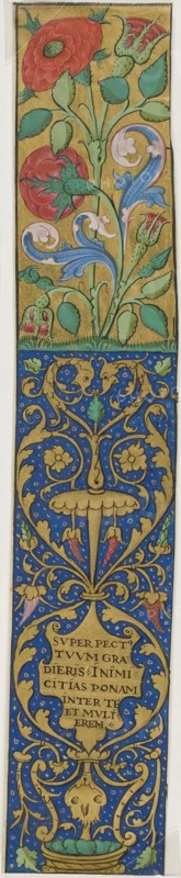 Illuminated Border with Flora and Grotesques from a Manuscript, 15th or early 16th century, French, France, Manuscript cutting in tempera and gold leaf, with Latin inscription in humanistic script in black ink, on vellum, 342 × 65 mm