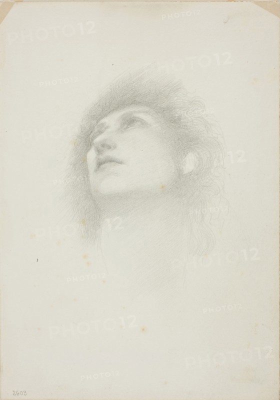 Head of a Woman with Face Upturned, c. 1873–77, Sir Edward Burne-Jones, English, 1833-1898, England, Graphite on ivory wove paper, 253 × 178 mm