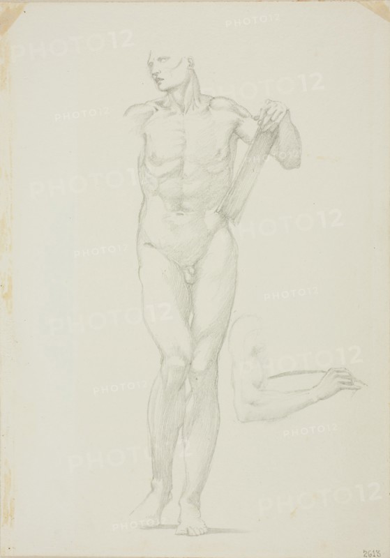 Standing Male with Tablet, separate sketch of right arm, c. 1873–77, Sir Edward Burne-Jones, English, 1833-1898, England, Graphite on ivory wove paper, 253 × 178 mm