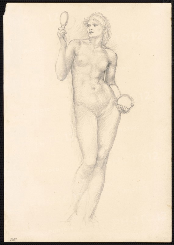 Nude Female Figure with Mirror in Right Hand, c. 1873–77, Sir Edward Burne-Jones, English, 1833-1898, England, Graphite on ivory wove paper, 253 × 178 mm