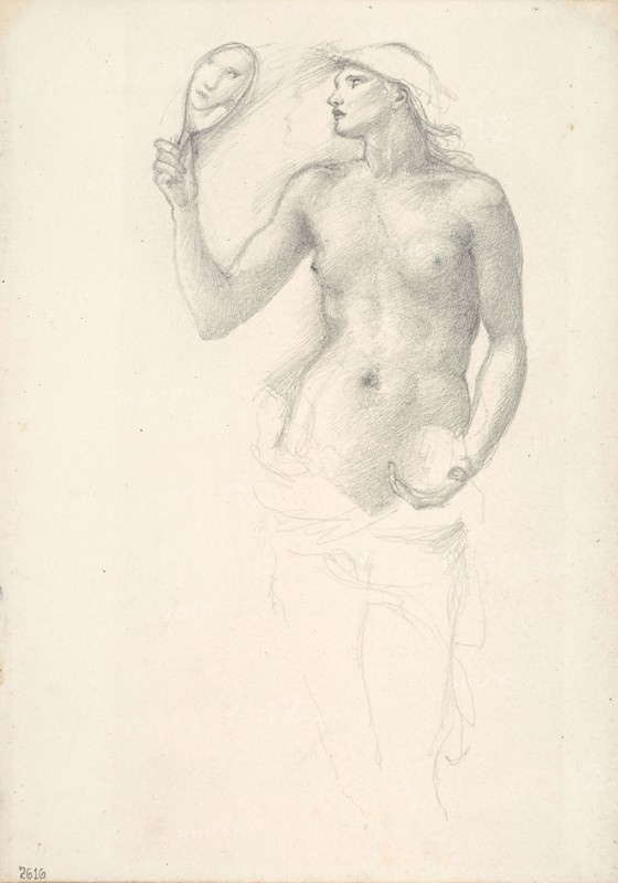 Semi-Nude Female Figure with Mirror in Right Hand, c. 1873–77, Sir Edward Burne-Jones, English, 1833-1898, England, Graphite on ivory wove paper, 253 × 178 mm