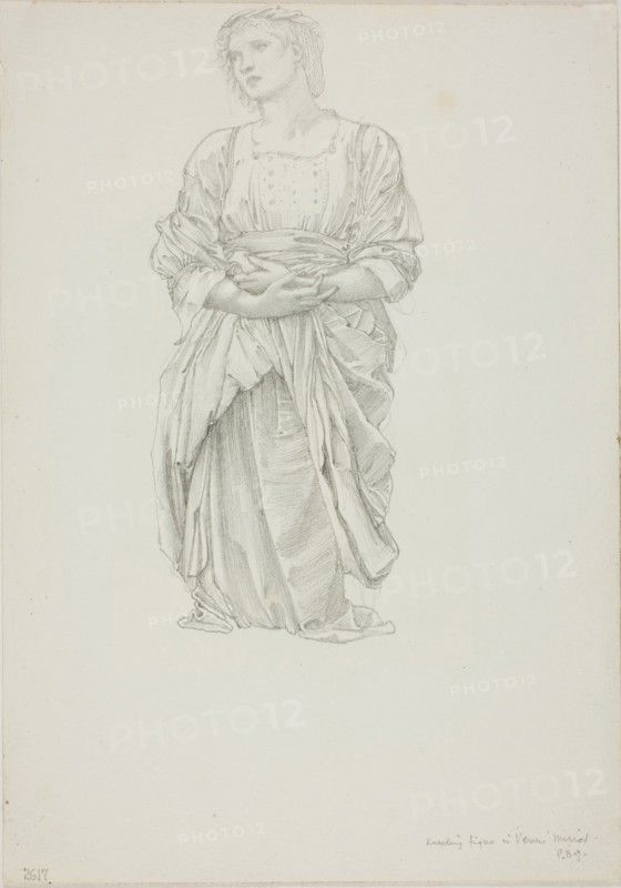 Study for ‘The Mirror of Venus’: Kneeling Female Figure, c. 1873–77, Sir Edward Burne-Jones, English, 1833-1898, England, Graphite on ivory wove paper, 253 × 178 mm