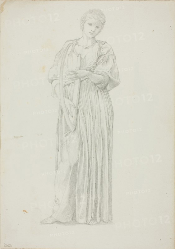 Draped Figure of Woman Playing on a Harp, c. 1873–77, Sir Edward Burne-Jones, English, 1833-1898, England, Graphite on ivory wove paper, 253 × 178 mm