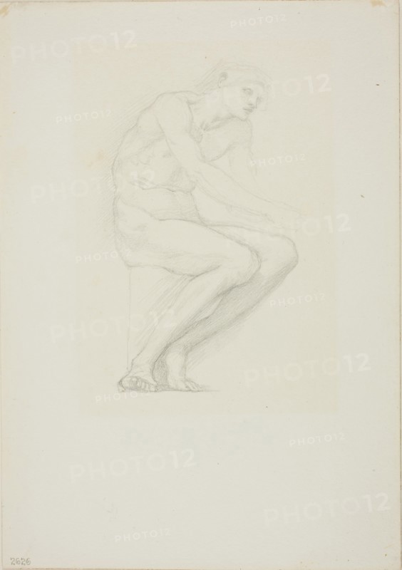Seated Male Nude, c. 1873–77, Sir Edward Burne-Jones, English, 1833-1898, England, Graphite on ivory wove paper, 253 × 178 mm