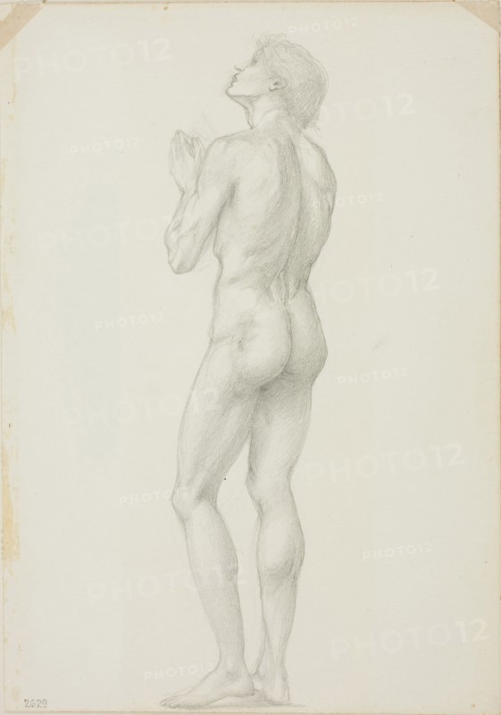 Standing Male Nude with Hands Clasped in Prayer, c. 1873–77, Sir Edward Burne-Jones, English, 1833-1898, England, Graphite on ivory wove paper, 254 × 178 mm