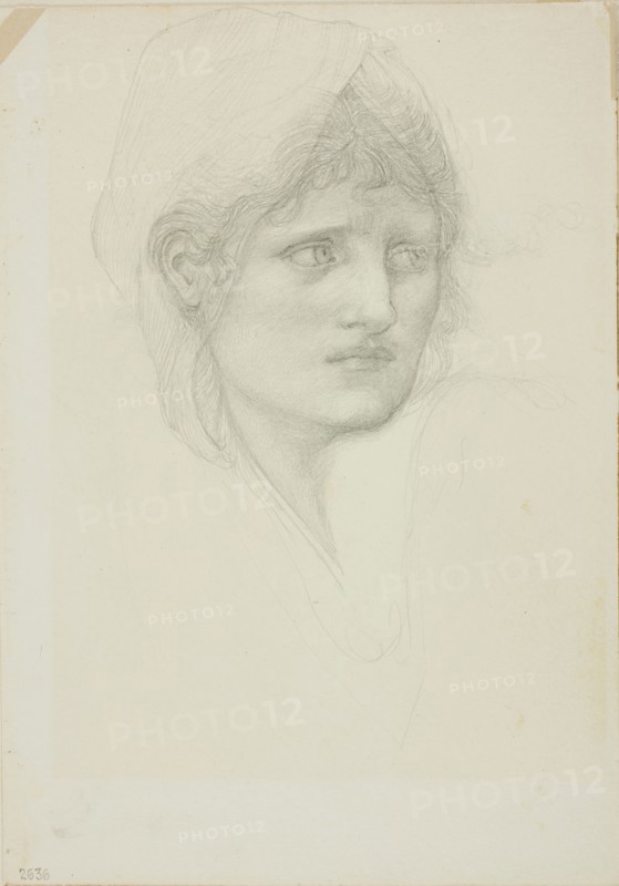 Draped Head, Eyes Looking Toward Right, c. 1873–77, Sir Edward Burne-Jones, English, 1833-1898, England, Graphite on ivory wove paper, 254 × 178 mm
