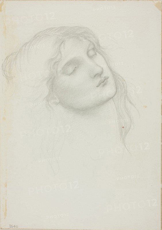 Head of Woman with Eyes Closed, c. 1873–77, Sir Edward Burne-Jones, English, 1833-1898, England, Graphite on ivory wove paper, 254 × 178 mm