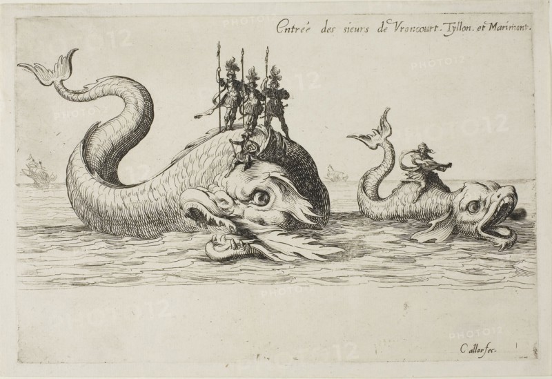 Entry of Mm. de Vroncourt, Tyllon, and Marimont, from The Combat at the Barrier, 1627, Jacques Callot, French, 1592-1635, France, Etching in black on ivory laid paper, 148 × 227 mm (plate), 160 × 236 mm (sheet)