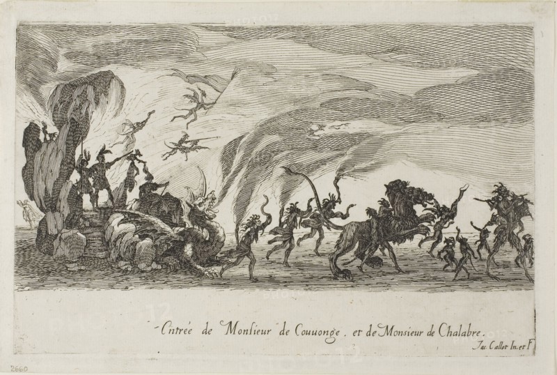 Entry of M. de Couvonage and M. de Chalabre, from The Combat at the Barrier, 1627, Jacques Callot, French, 1592-1635, France, Etching in black on ivory laid paper, 154 × 243 mm (plate), 174 × 259 mm (sheet)