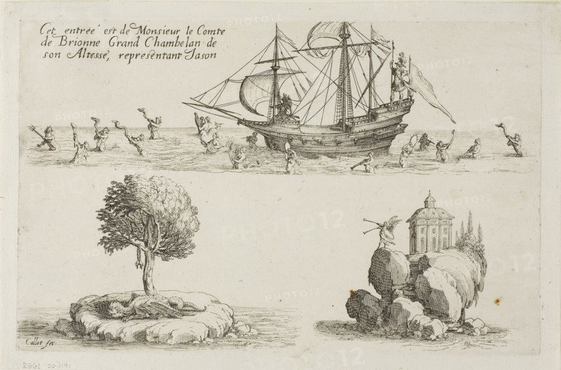 Entry of M. le Comte de Brionne, Grand Chamberlain of His Highness, Representing Jason, from The Combat at the Barrier, 1627, Jacques Callot, French, 1592-1635, France, Etching on paper, 153 × 243 mm (image), 172 × 261 mm (sheet)