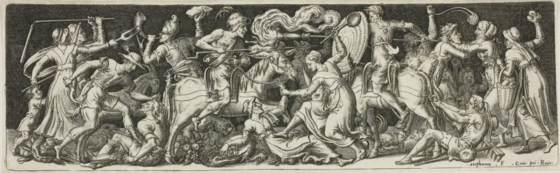 Grotesque Battle, from Combats and Triumphs, 1561/72, Etienne Delaune, French, c. 1519-1583, France, Engraving in black on ivory paper, 71 × 223 mm