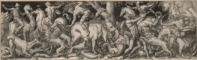 Combat of Men and Animals, 1550/1572, Etienne Delaune, French, c. 1519-1583, France, Engraving on paper, 68 × 220 mm