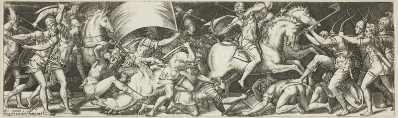 Battle of Cavaliers and Infantrymen, 1550/1572, Etienne Delaune, French, c. 1519-1583, France, Engraving on paper, 66 × 220 mm (image/sheet, cut within platemark)